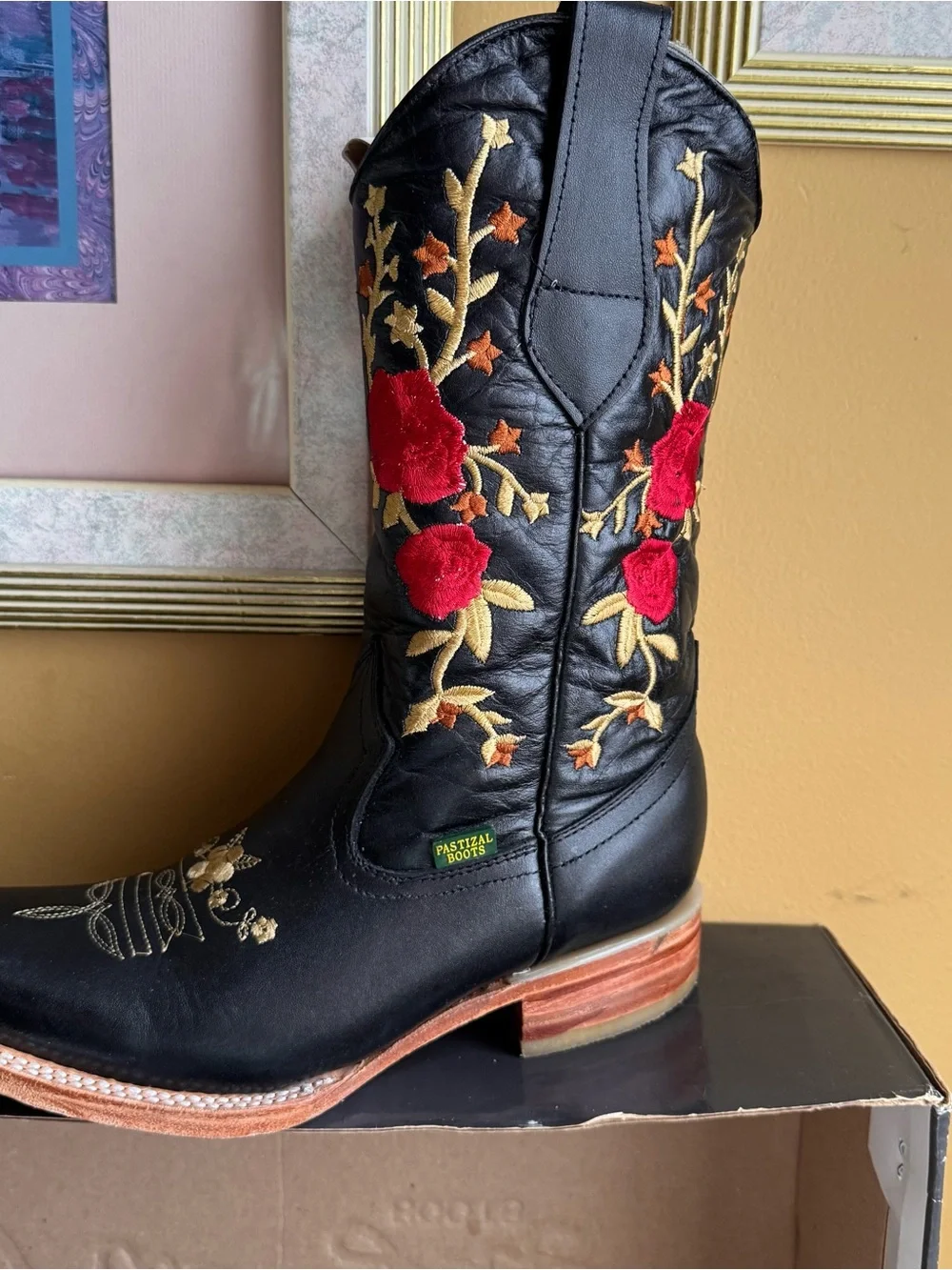 Pastizal Black cowgirl bootswith Red and Gold Floral Embroidery